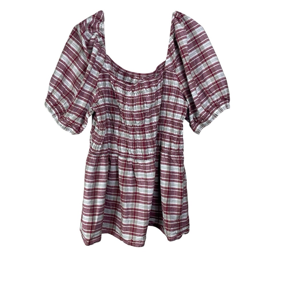 Lane Bryant Sz 24 Womens Top Plaid Smocked Linen Blend Square-neck Peplum Blouse